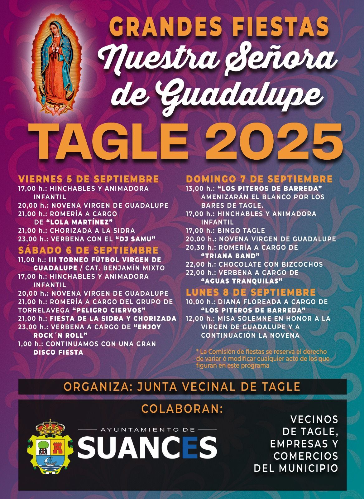 Cartel Fiestas de Tagle Nuestra Señora de Guadalupe 2025 Cartel Fiestas de Tagle Nuestra Señora de Guadalupe 2025
